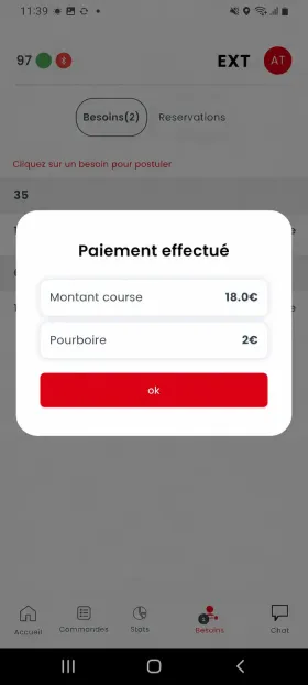 Application chauffeur Skyline affichant la confirmation d’un paiement avec le montant de la course et le pourboire