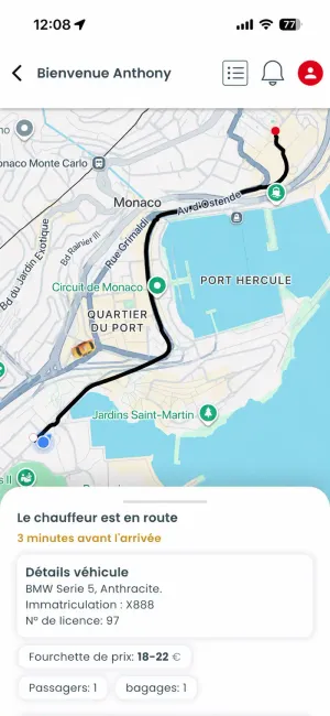 Application client affichant l’approche du taxi sur la carte et les informations du véhicule