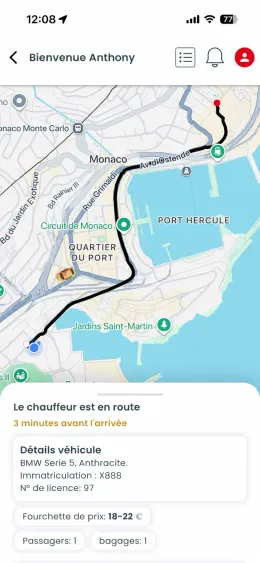 Application client affichant l’approche du taxi et les informations du véhicule