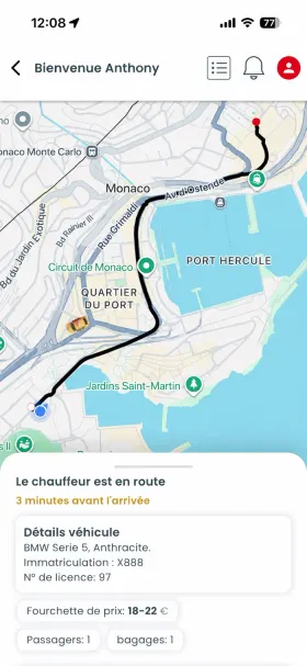 Application client Taxi Monaco affichant l’approche du taxi