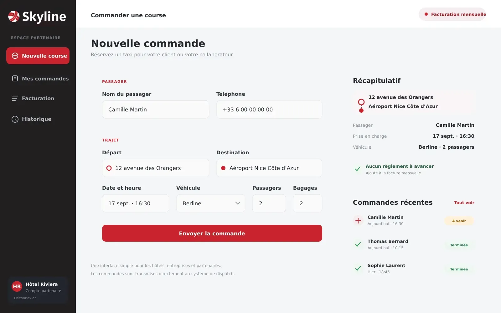 Interface Skyline permettant à un hôtel ou une entreprise de commander une course et de bénéficier d’une facturation mensuelle
